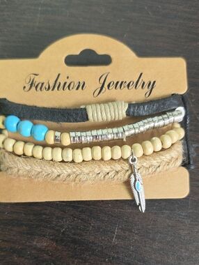 4 pk Turquoise & Hemp Layered Bracelet Set with Feather Charm